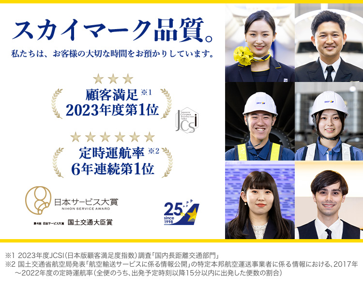 2023年度顧客満足第1位・6年連続定時運航率第1位・第4回 日本サービス大賞「国土交通大臣賞」。スカイマーク品質。私たちは、お客様の大切な時間をお預かりしています。