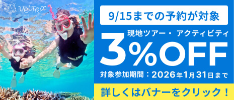 現地ツアー・アクティビティ3%OFF 9月15日までの予約が対象 対象参加期間：2026年1月31日まで